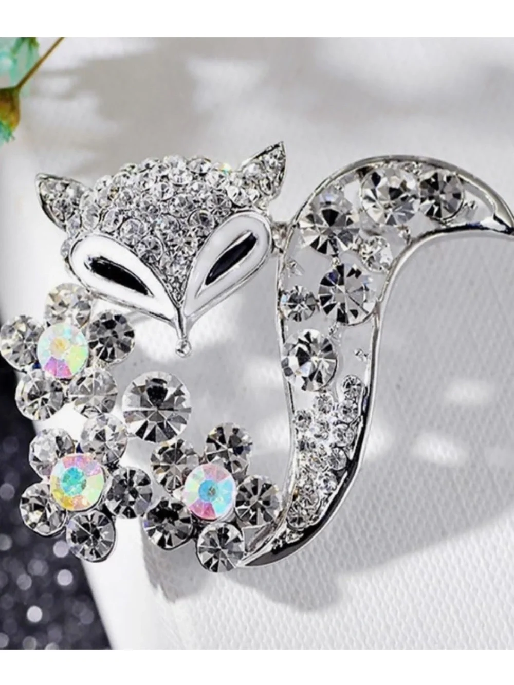 Anthropologie Silver Crystal Fox Brooch with Aurora Flowers